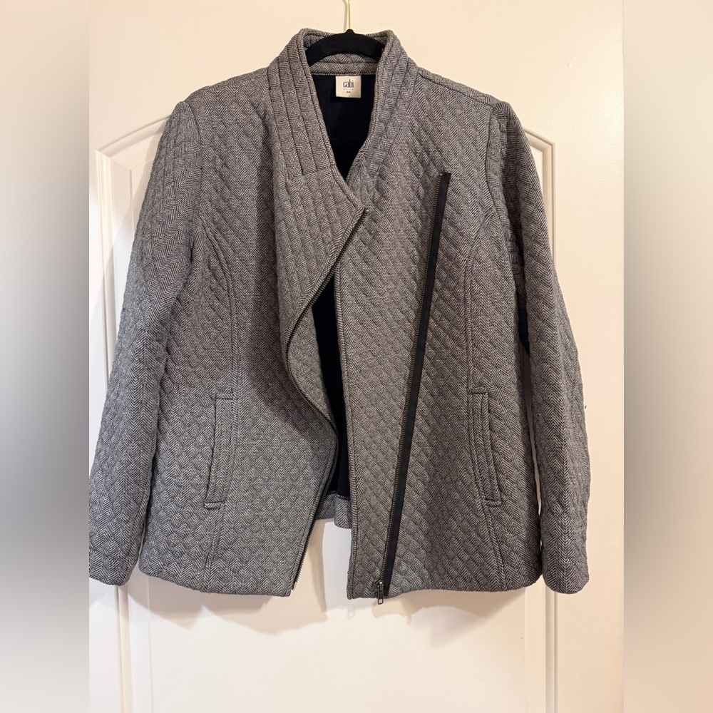 CAbi Quilted Heather Gray Asymmetric Zip Blazer